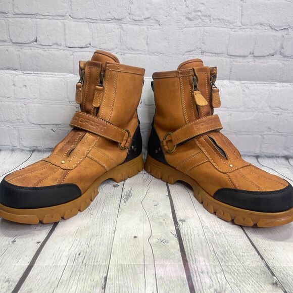VTG Polo Ralph Lauren Sports Boots Tan Duck Leather Double Zip Strap Hunt Shoes - Picture 3 of 16